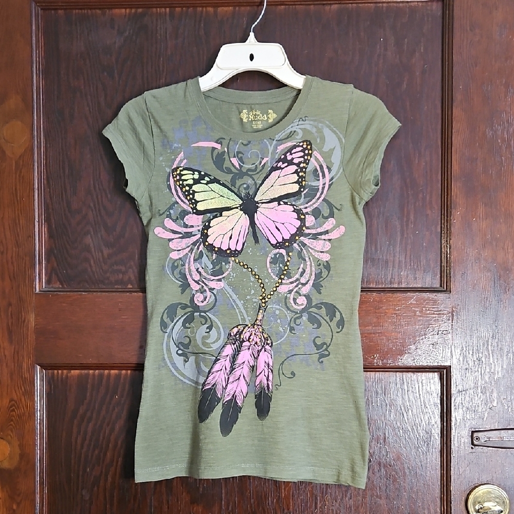 Kids Mudd Olive Tee with Pink Butterfly Design - Size L